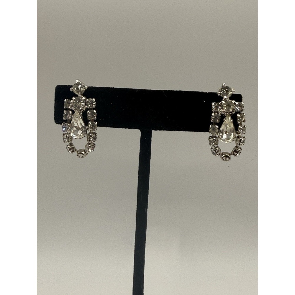 Vintage Rhinestone Earrings Clear Teardrop Silver Tone Screw Back Drop Dangle